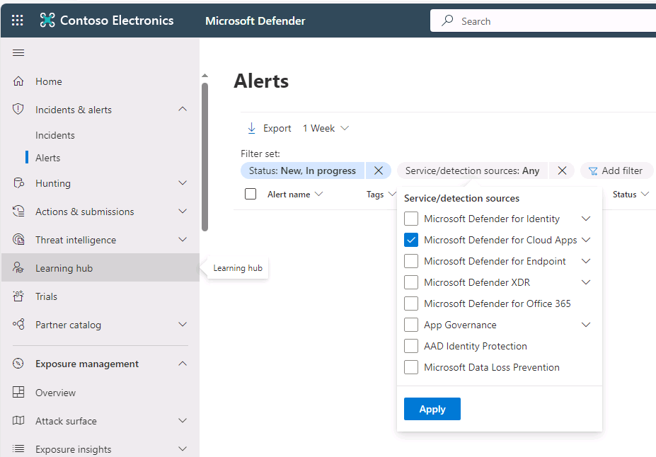 Screenshot of the Microsoft Defender Alerts page showing the Service detection sources filter menu.