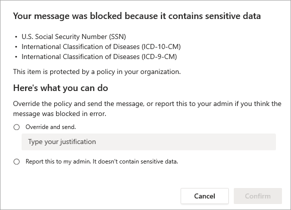 Screenshot of Options to resolve blocked message.