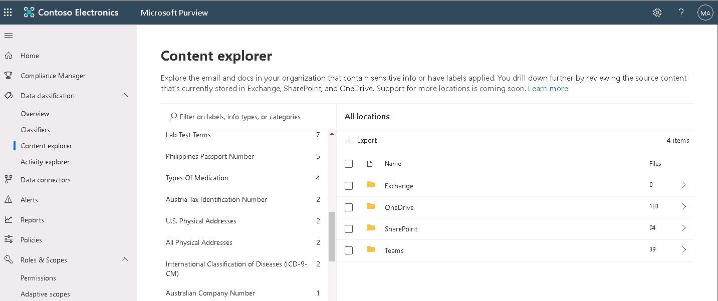 Screenshot showing the Content explorer page in the Microsoft Purview compliance portal.