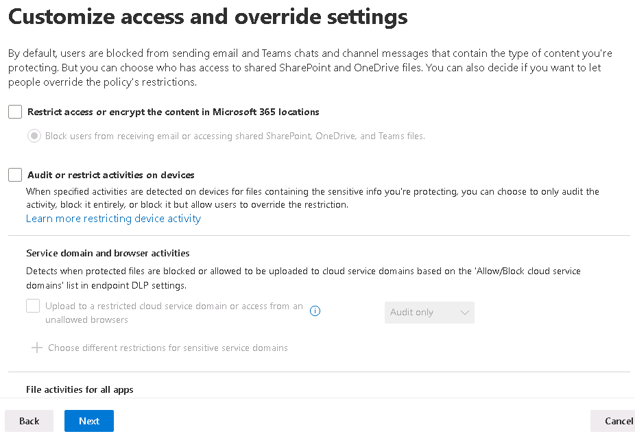 Screenshot showing the customized access and override settings page in the create policy wizard.