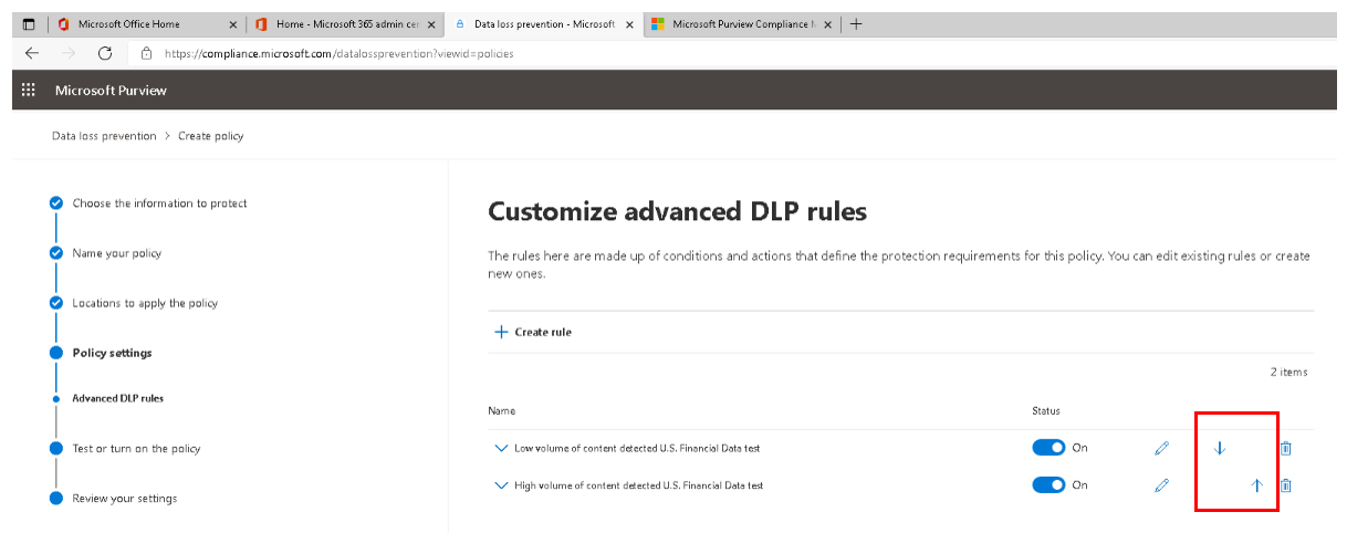 Screenshot of the advanced D L P policy rules page that highlights the arrows in which you can move rules up or down to change priority.