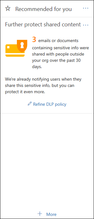Screenshot of the data loss prevention tile showing the default policy and recommendation.