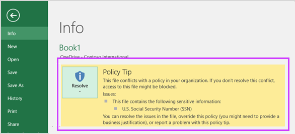 Screenshot of an Excel spreadsheet Info page showing a policy tip.