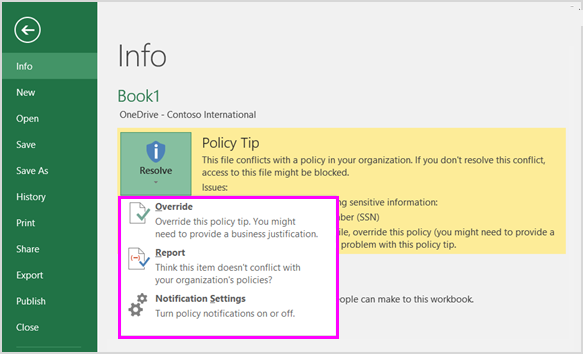 Screenshot of an Excel spreadsheet Info page showing a policy tip and the override option.