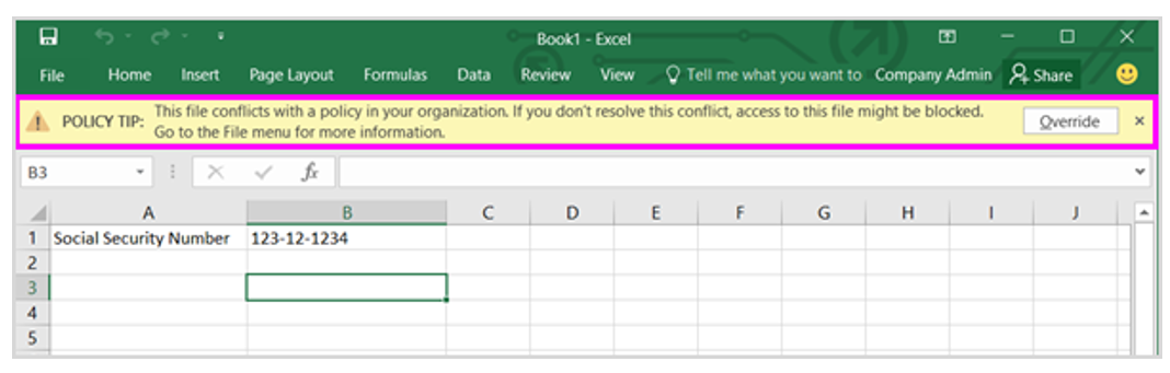 Screenshot of an Excel spreadsheet with a social security number that displays a policy tip message with an Override button.