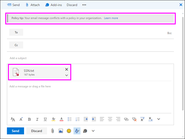 Screenshot of an email in Outlook displaying a sensitive data policy tip showing that an attachment conflicts with a D L P policy.