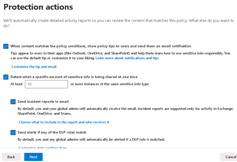 Screenshot showing the protection actions page in the create policy wizard.