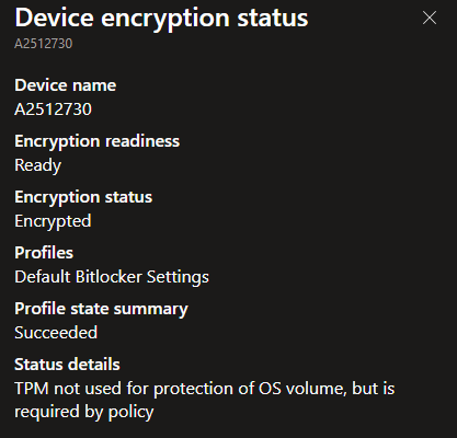A screenshot shows "Device encryption status" for a device. It indicates encryption is ready and encrypted, but warns: "Encryption method of OS Volume is different than that set by policy"