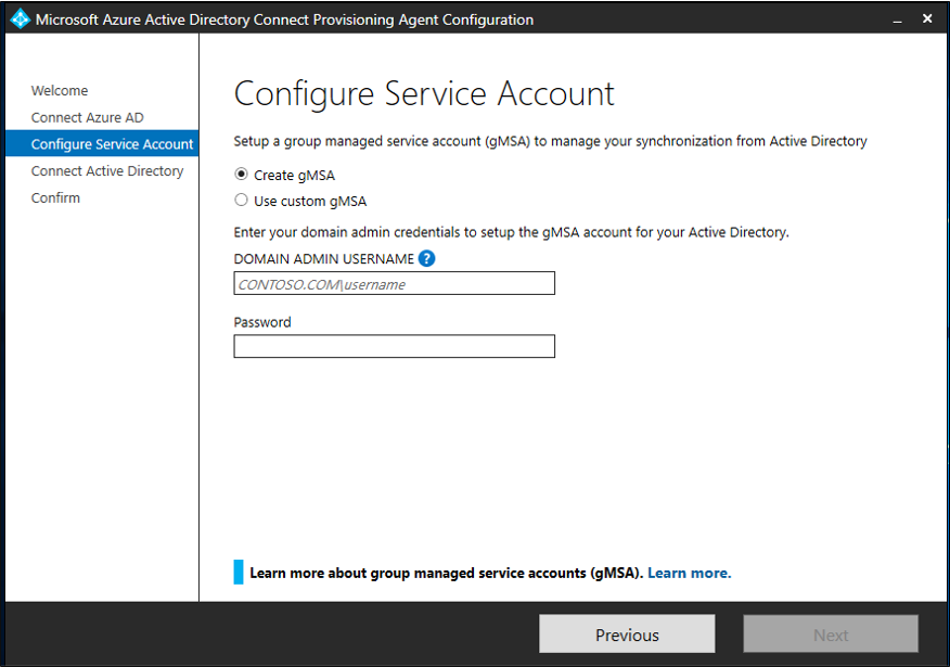 screenshot of the Configure Service Account window showing the Create gMSA option and the Use custom gMSA option.