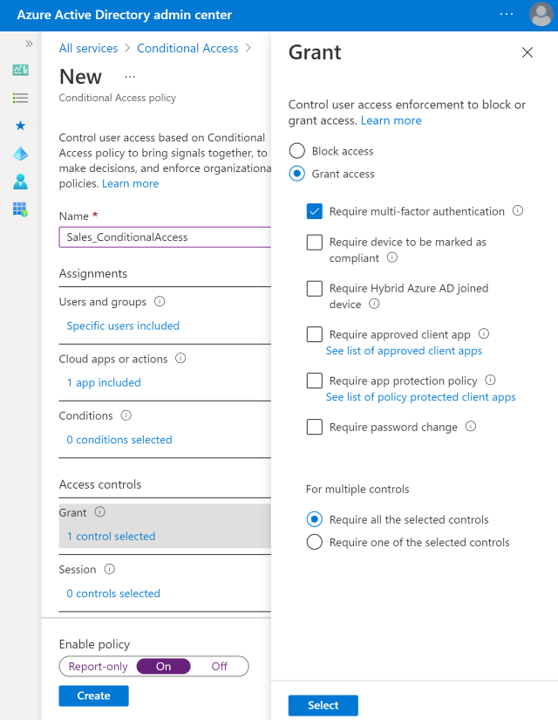 Screenshot of configuring M F A in Conditional Access policy.