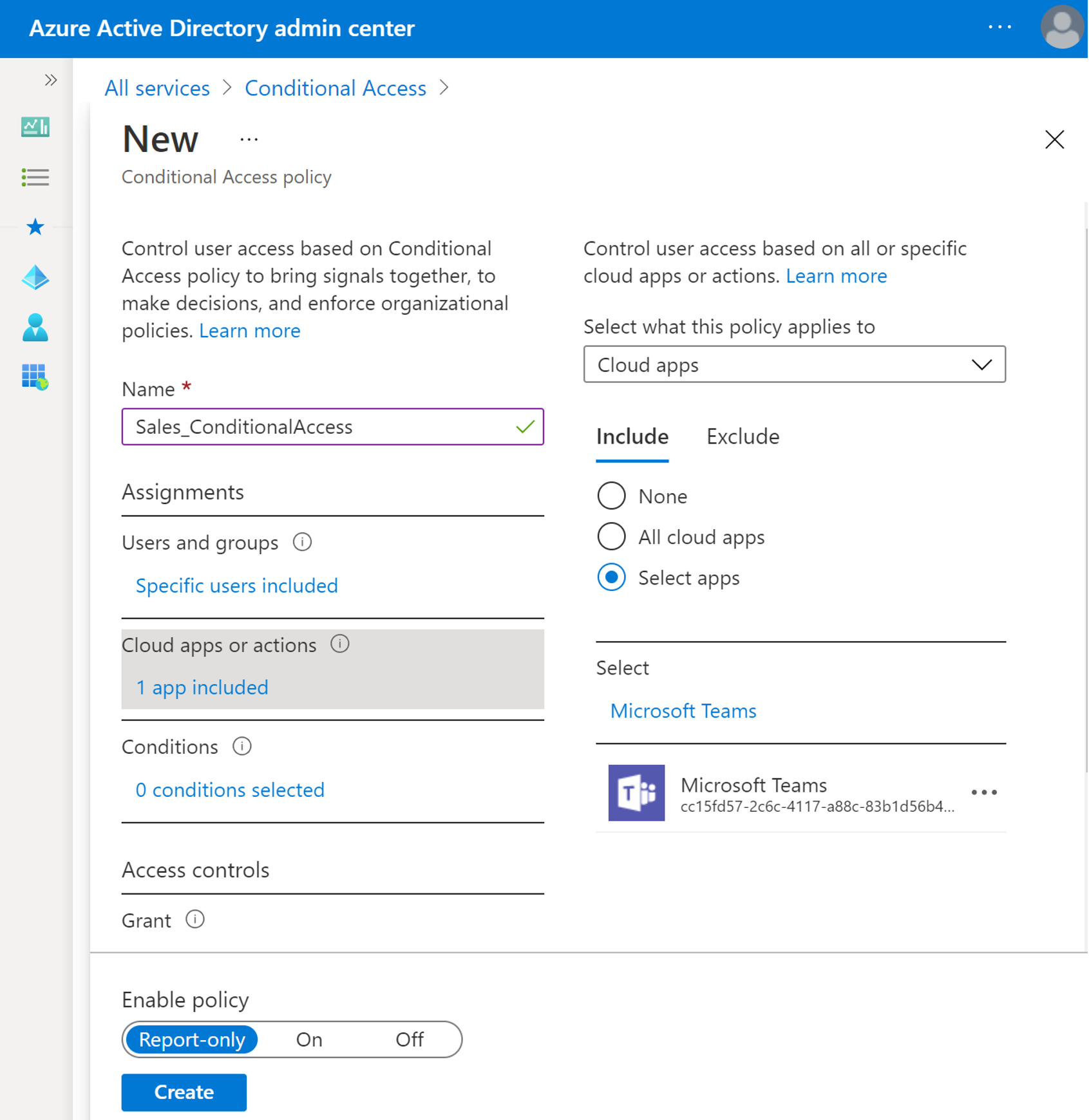 Screenshot of adding Teams to Conditional Access policy.