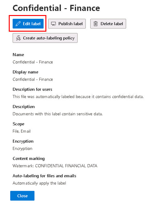 Screenshot of the edit sensitivity label window showing the properties of the Confidential Financial label.