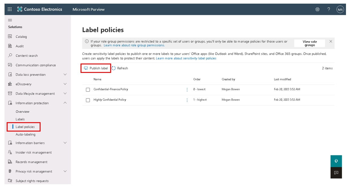 Screenshot of the Label policies tab on the Information protection page showing the publish label option highlighted.