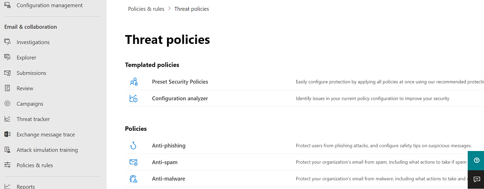 Screenshot of the threat policies page that shows both policy templates and custom policies.