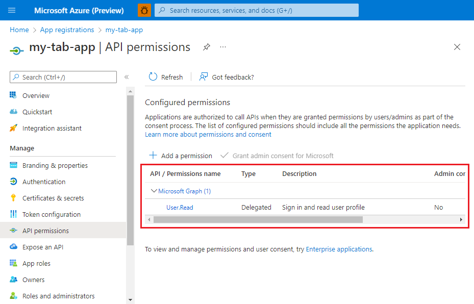 Screenshot of the Azure portal API Permissions page for an app registration.