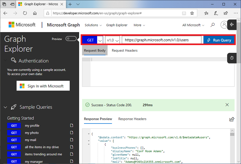 Screenshot shows Graph Explorer in a browser.  An HTTP GET request has been executed.  The JSON results are displayed in the Response Preview window.