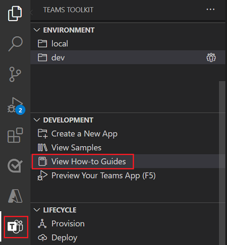 Screenshot highlights the option to View How-to guides in the Teams Toolkit extension in Visual Studio Code.