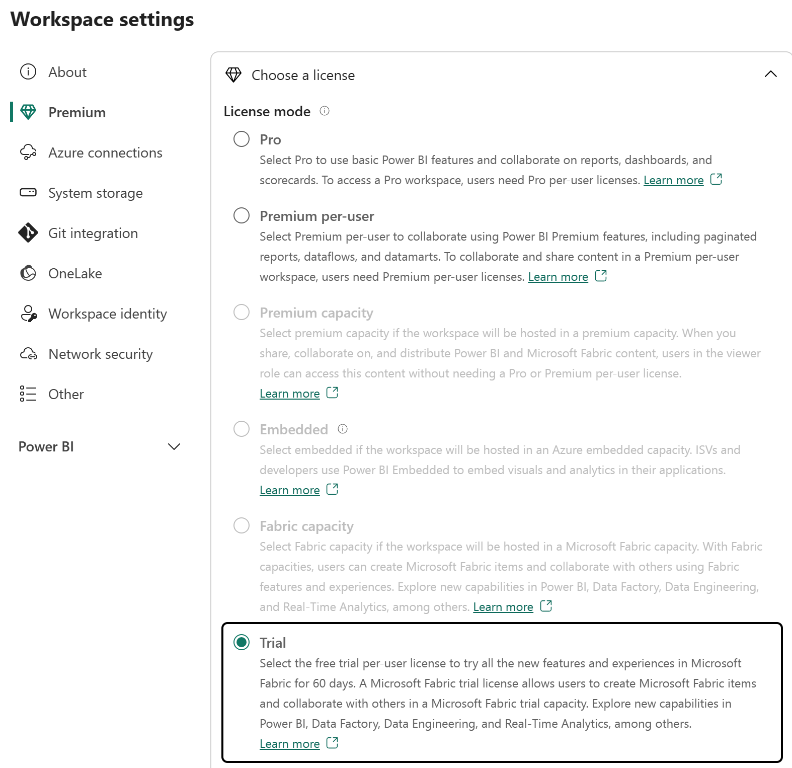 Screenshot of the workspace license mode options including Trial and Fabric Capacity.
