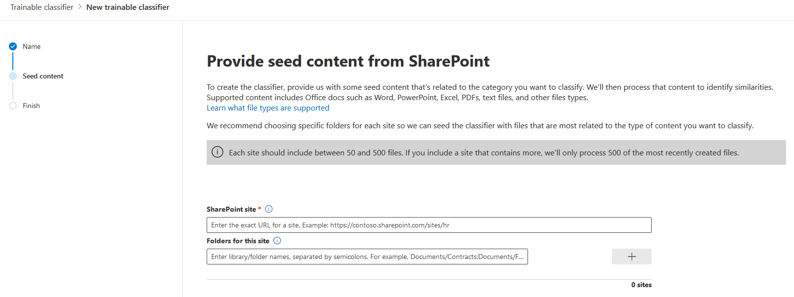 Screenshot shows Provide seed content from SharePoint screen.