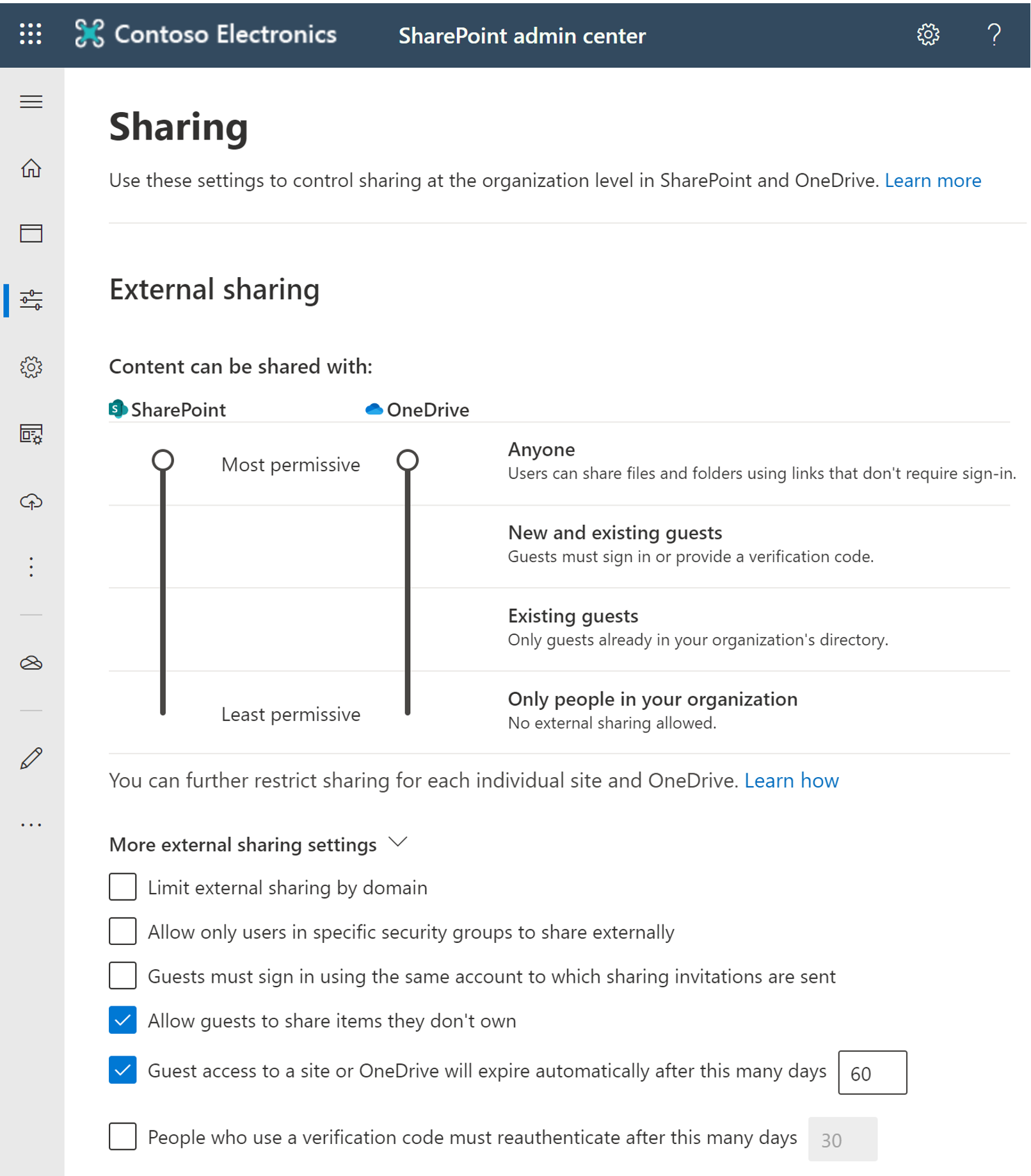 Screenshot of external sharing setting in SharePoint admin center.