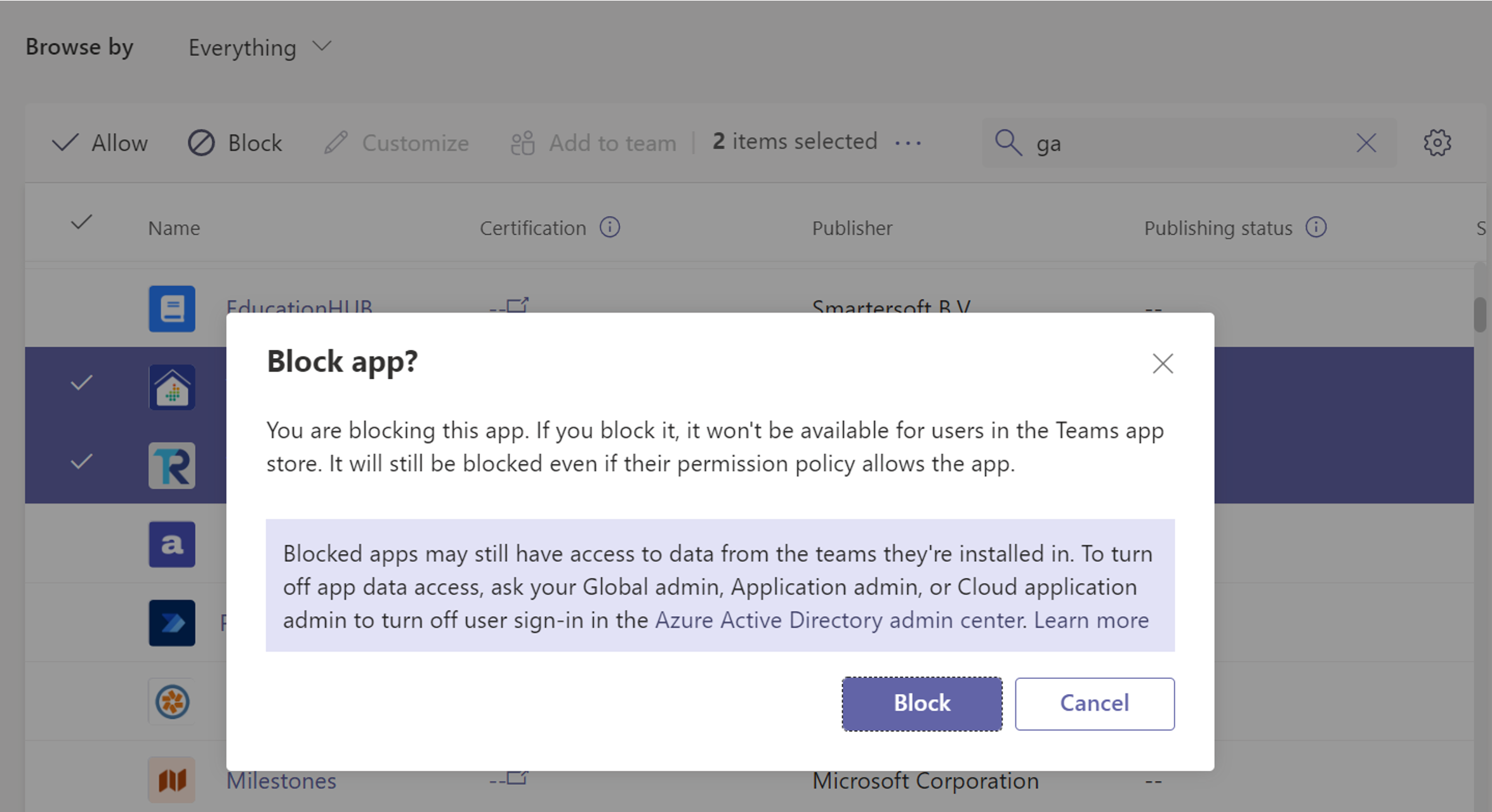  Screenshot of blocking apps from Teams admin center.