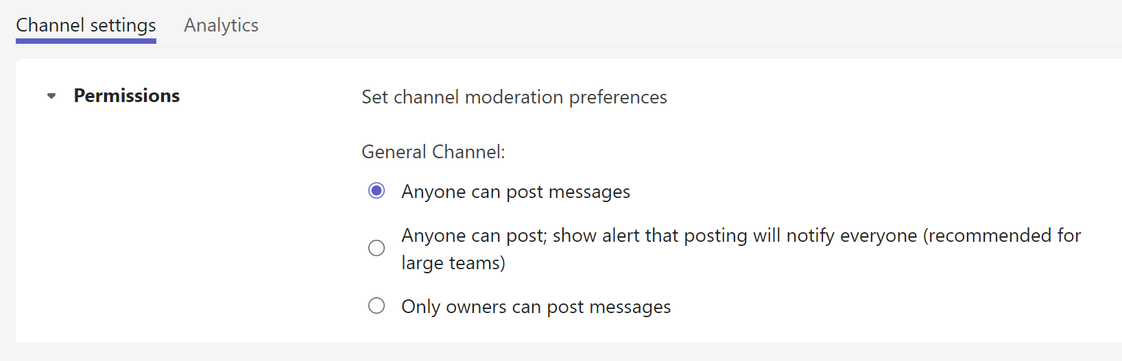  Screenshot of channel moderation settings for general channel.