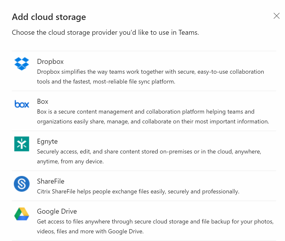  Screenshot of cloud file storage options in Teams client.