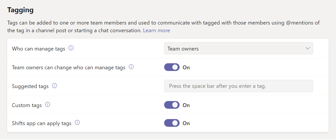  Screenshot of tagging settings in the Microsoft Teams admin center.