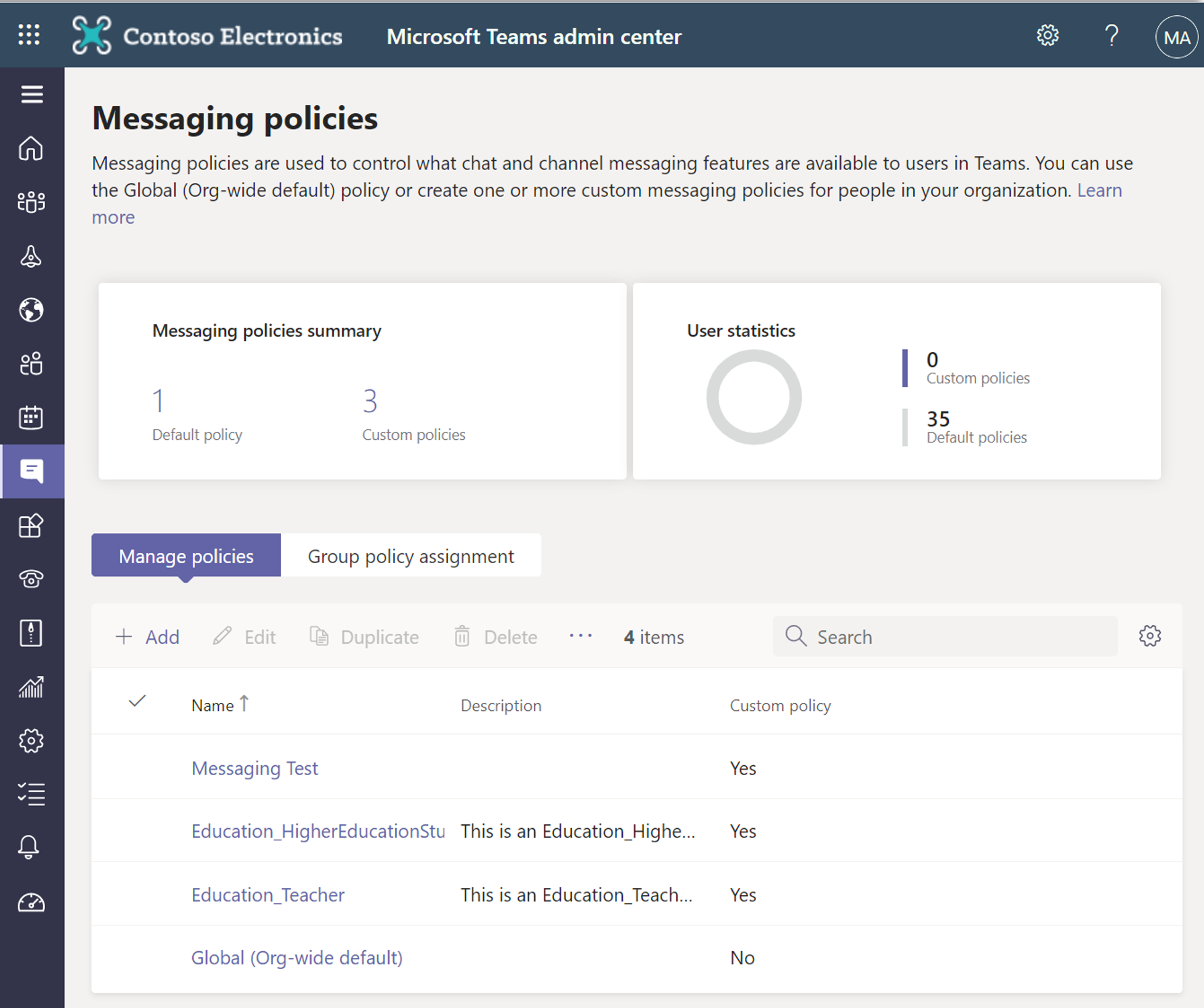 Screenshot of messaging policies.