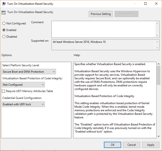 screenshot of Windows Defender Credential Guard Group Policy setting.