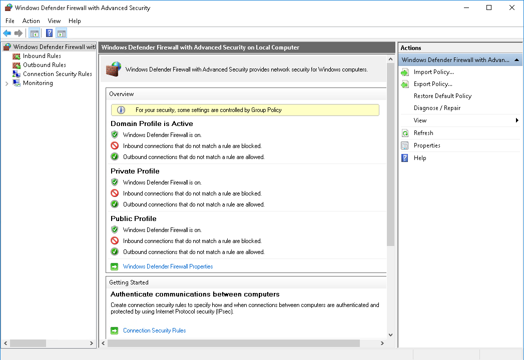 Screenshot of the Windows Defender Firewall with Advanced Security screen