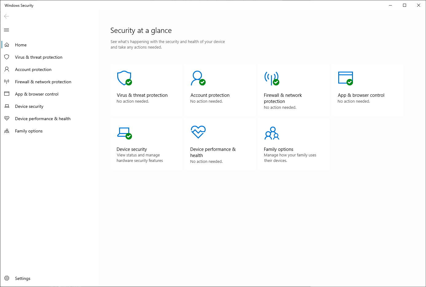 Screenshot of the Windows Defender Security Center, Security at a glance screen.