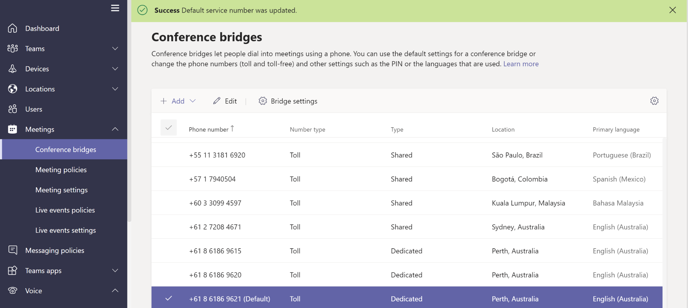 Screenshot of Default conference bridge number.