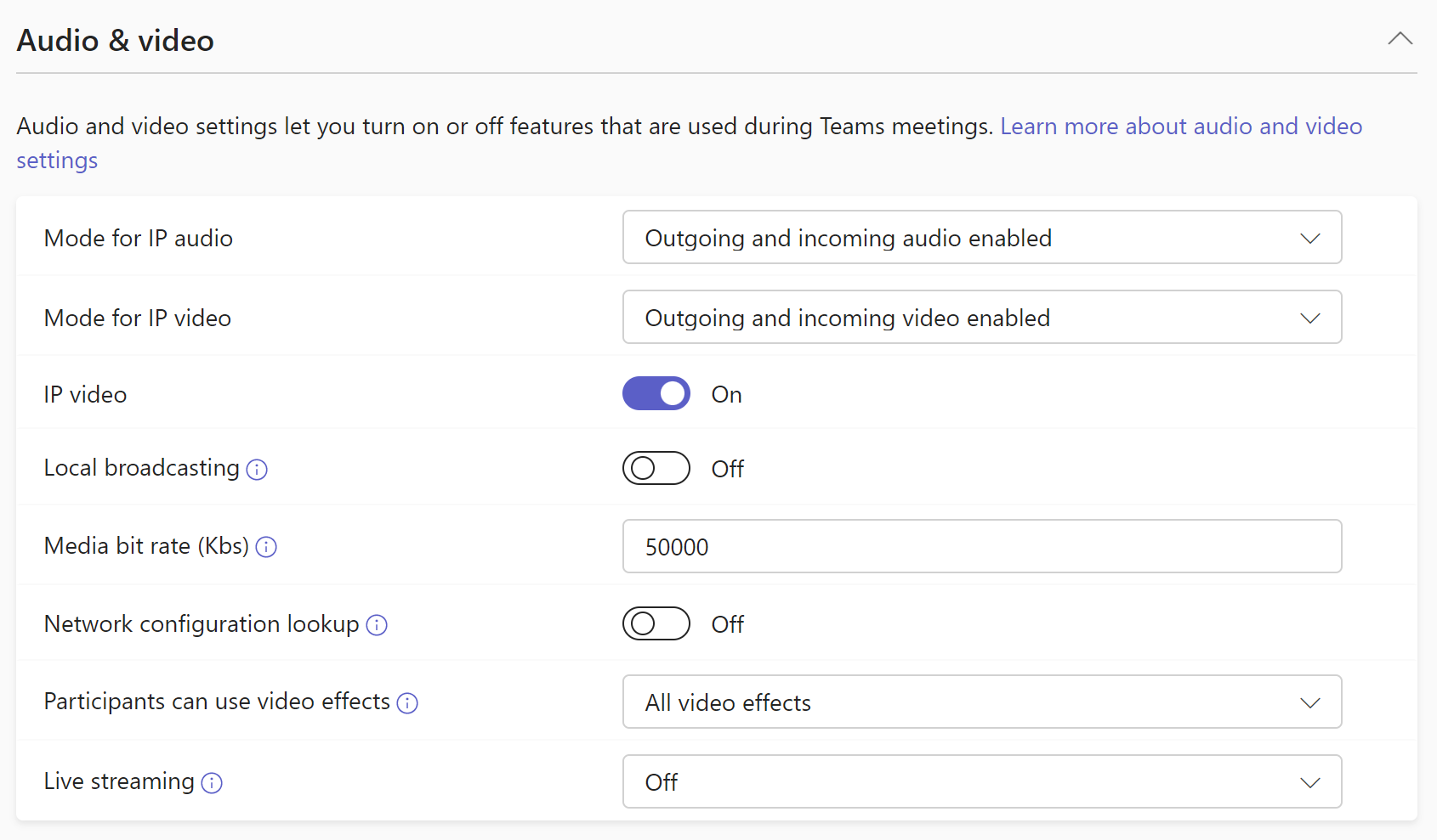 Screenshot of Audio and video settings in meeting policy.
