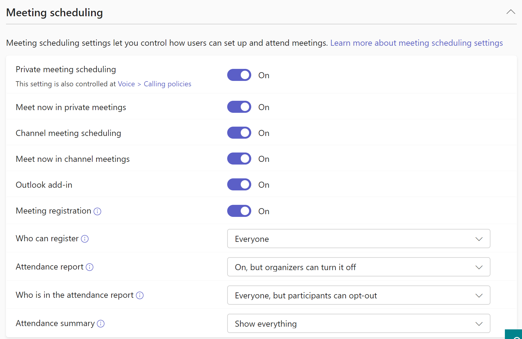 Screenshot of Meeting scheduling settings in meeting policy.