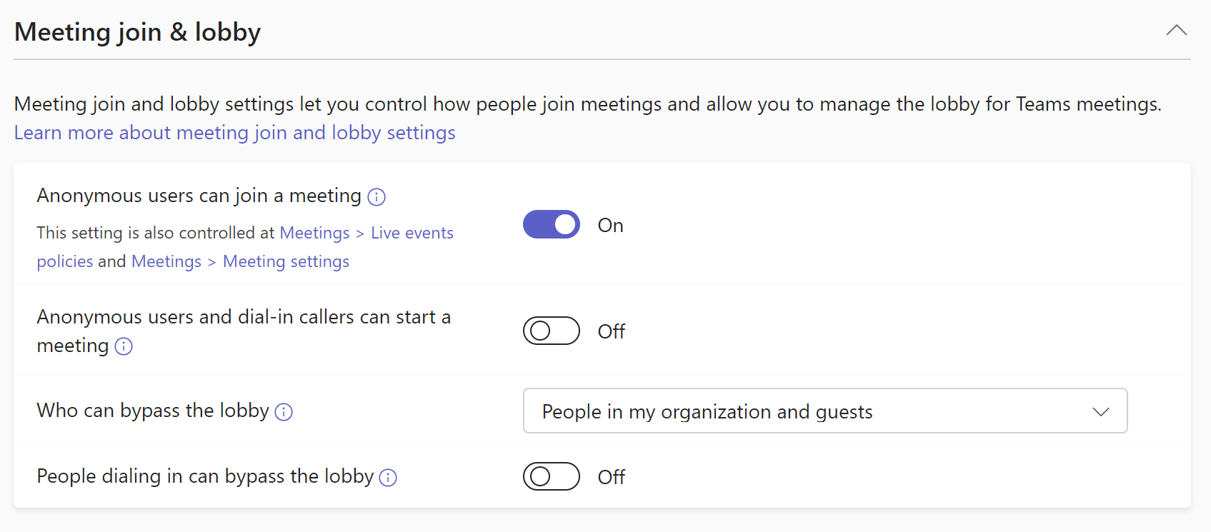 Screenshot of Meeting join and lobby settings in meeting policy.