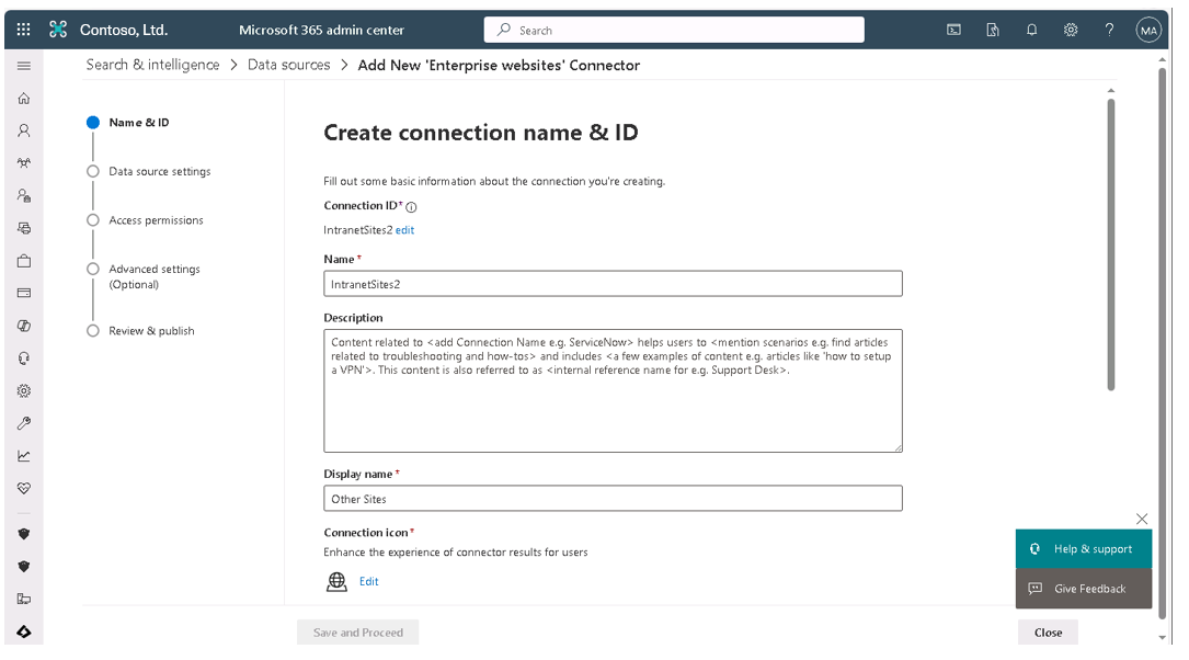 Screenshot showing the Create connection name and ID page in the Advanced Settings wizard.