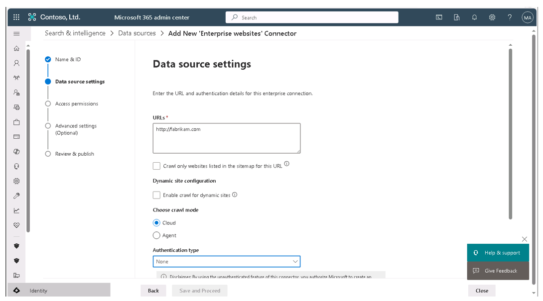 Screenshot showing the Data source settings page in the Advanced Settings wizard.