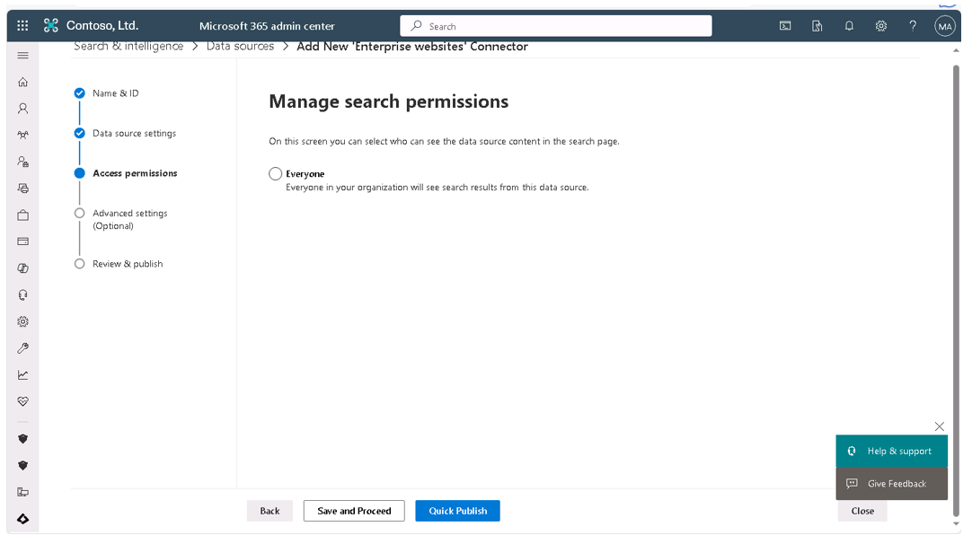 Screenshot showing the Manage access permissions page in the Advanced Settings wizard.