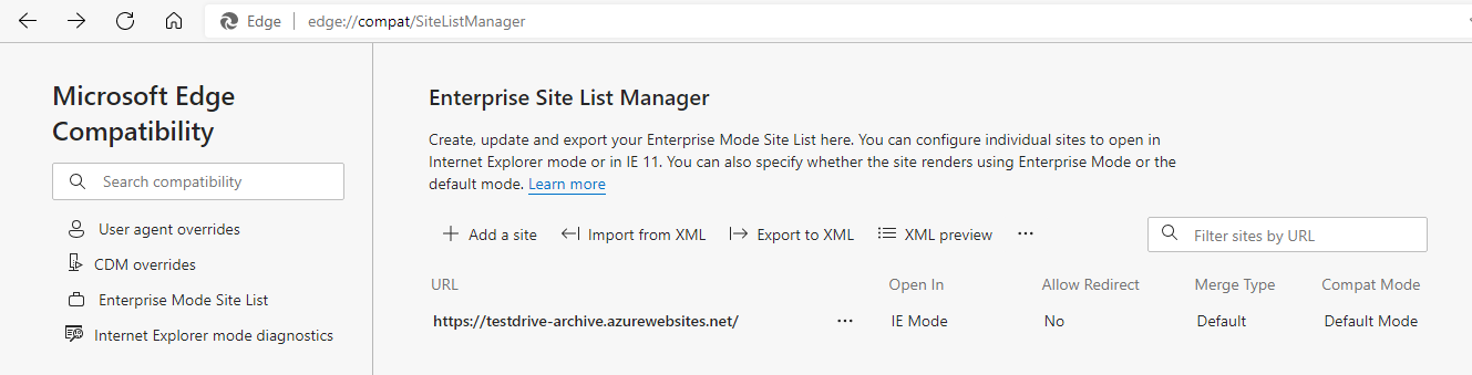 Screenshot of the Enterprise List Manager in Microsoft Edge.