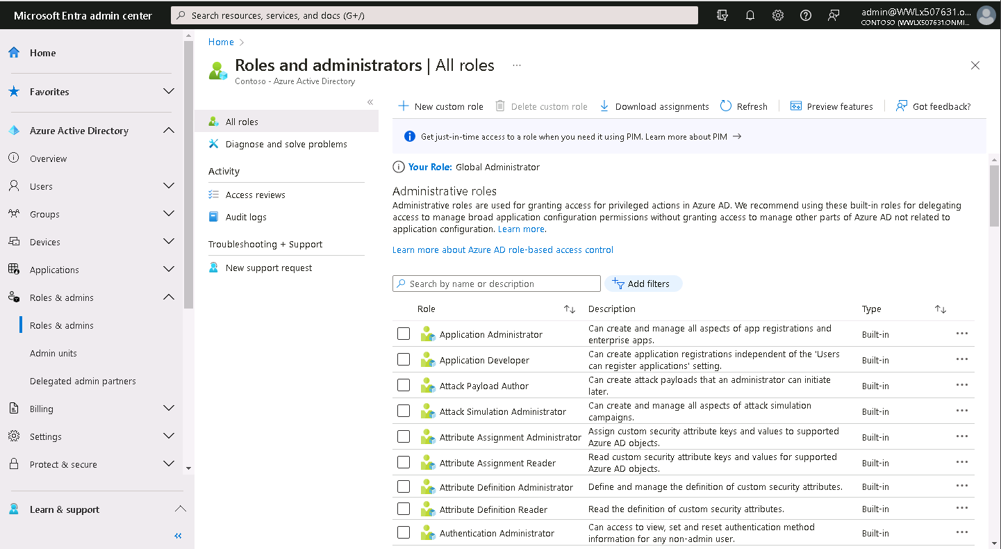 Screenshot of the Roles and administrators page in the Microsoft Entra admin center.