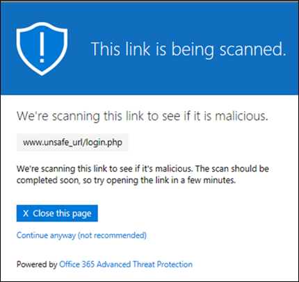 Screenshot of the warning message indicating the system is scanning the link.
