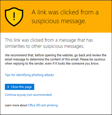 Screenshot of the warning message saying the user selected a link from a suspicious message.