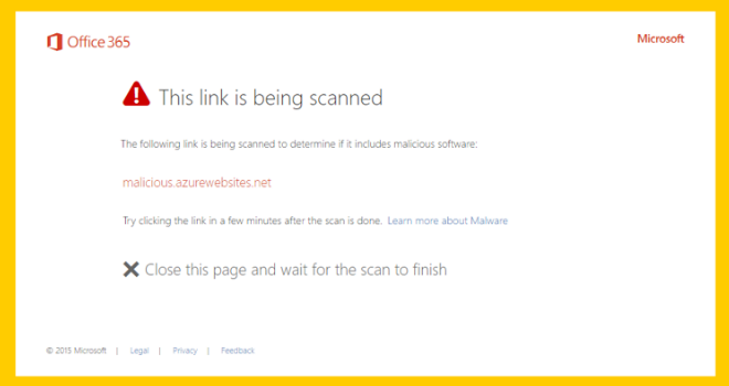 Screenshot of warning message saying the system is scanning the link.