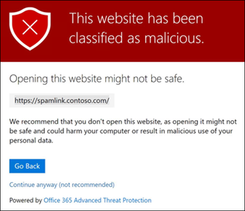 Screenshot of the warning message saying the user selected a website classified as malicious.