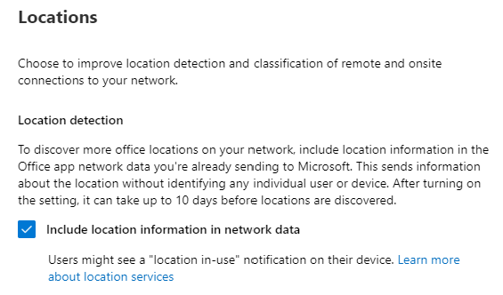 Screenshot showing the Network Connectivity Settings Location dialog box and the Location detection setting.