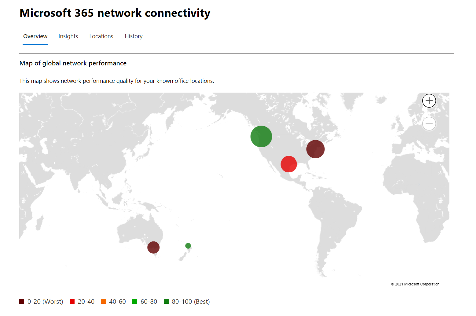 Screenshot showing a company's map of global performance on the Network Connectivity page.
