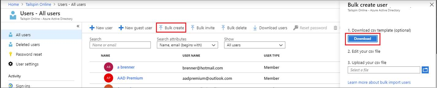 Screenshot of the Bulk create user pane showing the Download button highlighted to download the C S V template.