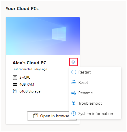 Screenshot of the cloud pc gear, showing; Restart, Reset, Rename, Troubleshoot, and System information.