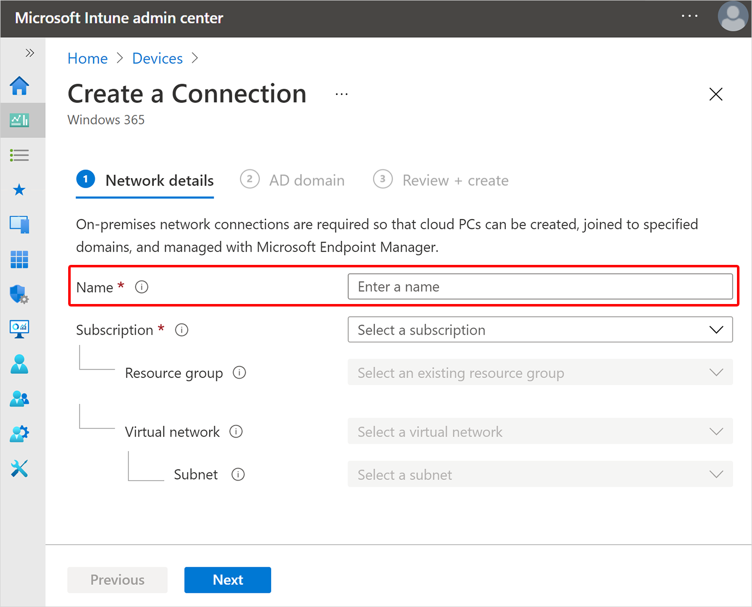 Screenshot of the create a connection window.